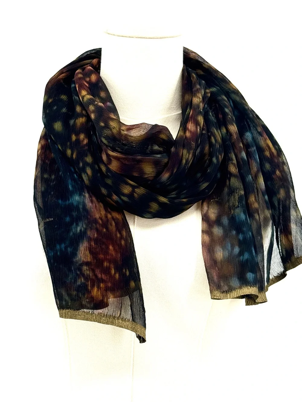 Vintage Artisan Crafted Silk scarf shawl black gold red orange